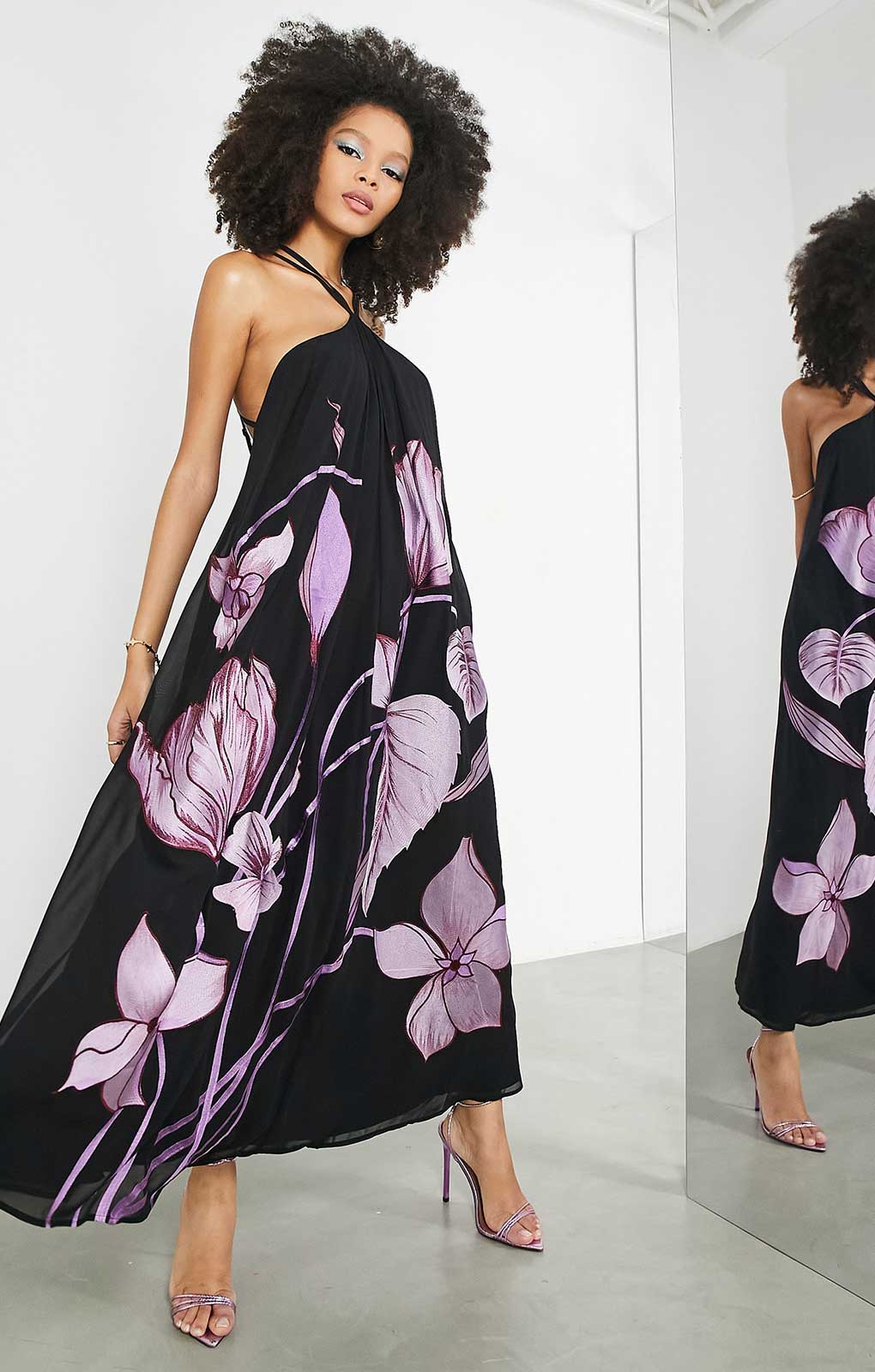Asos Edition Halter Trapeze Midi Dress With Trailing Tulip Embroidery In Black
