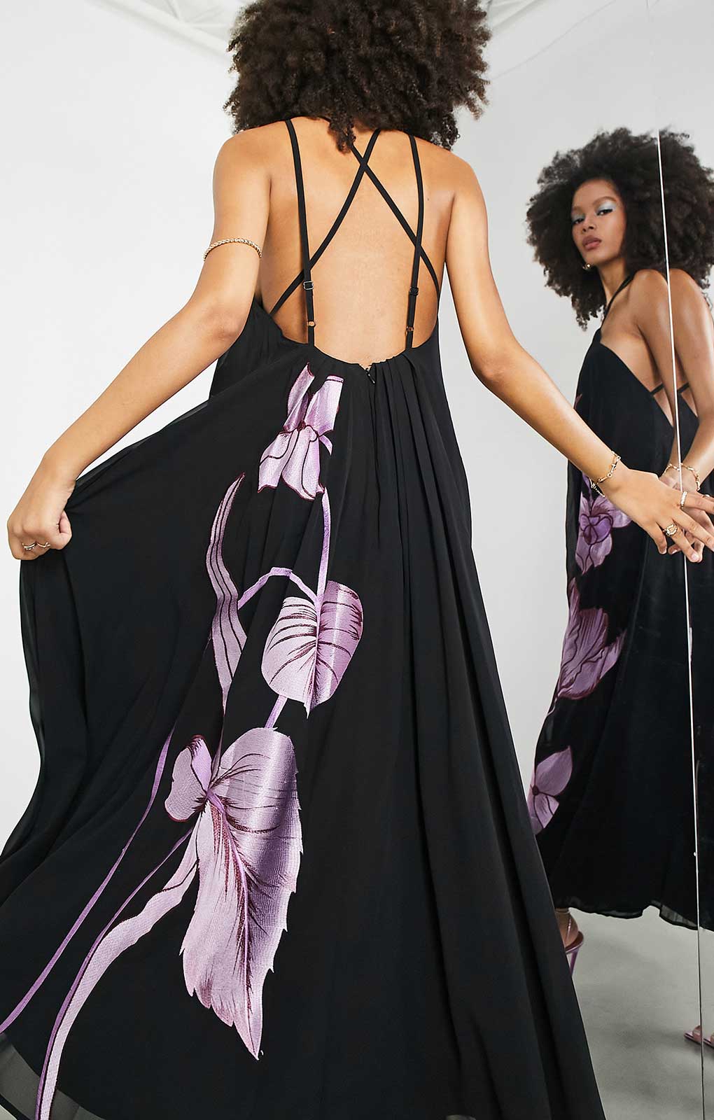 Asos Edition Halter Trapeze Midi Dress With Trailing Tulip Embroidery In Black