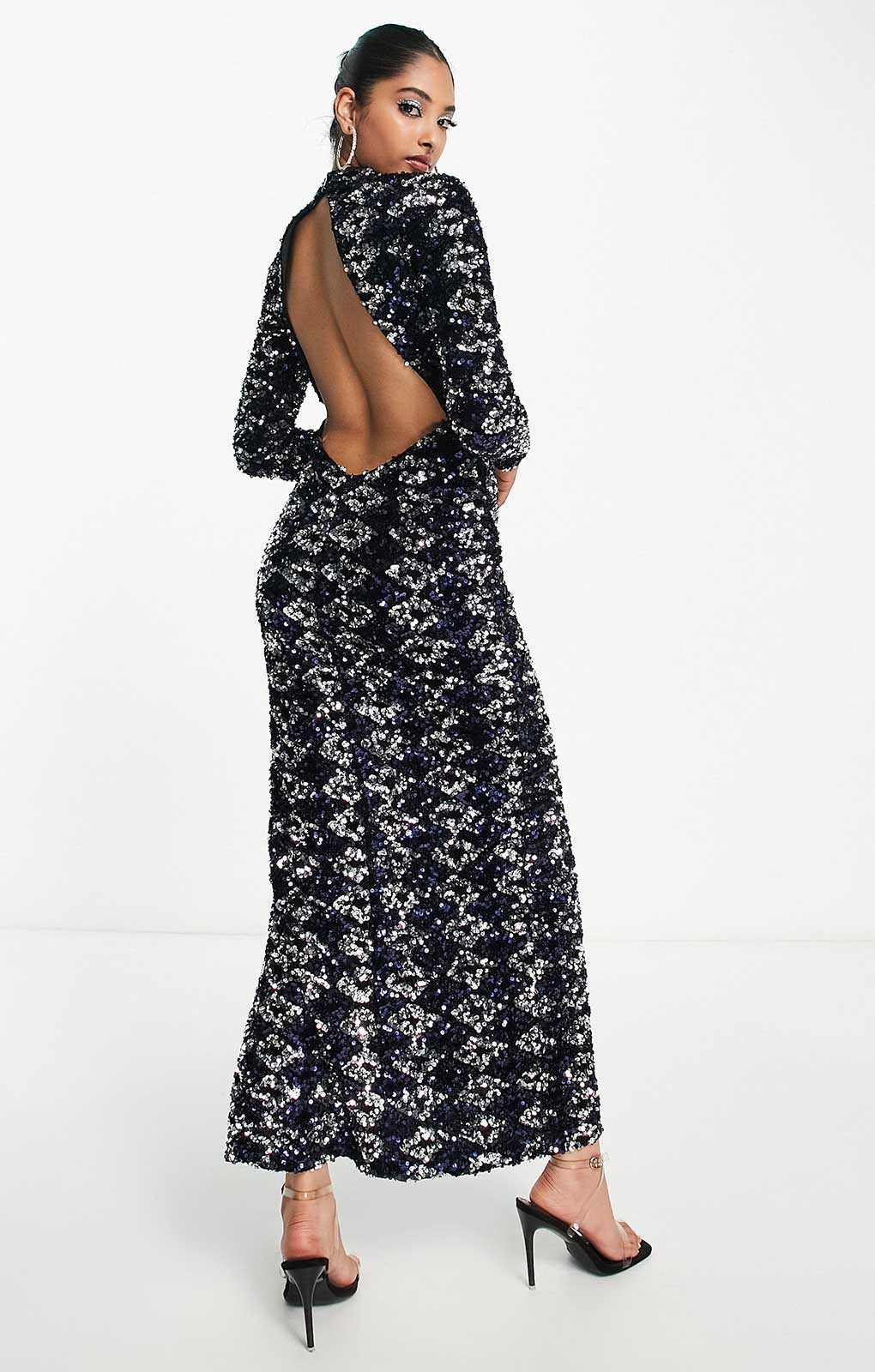 Asos Design High Neck Backless Sequin Maxi Dress In Midnight Blue