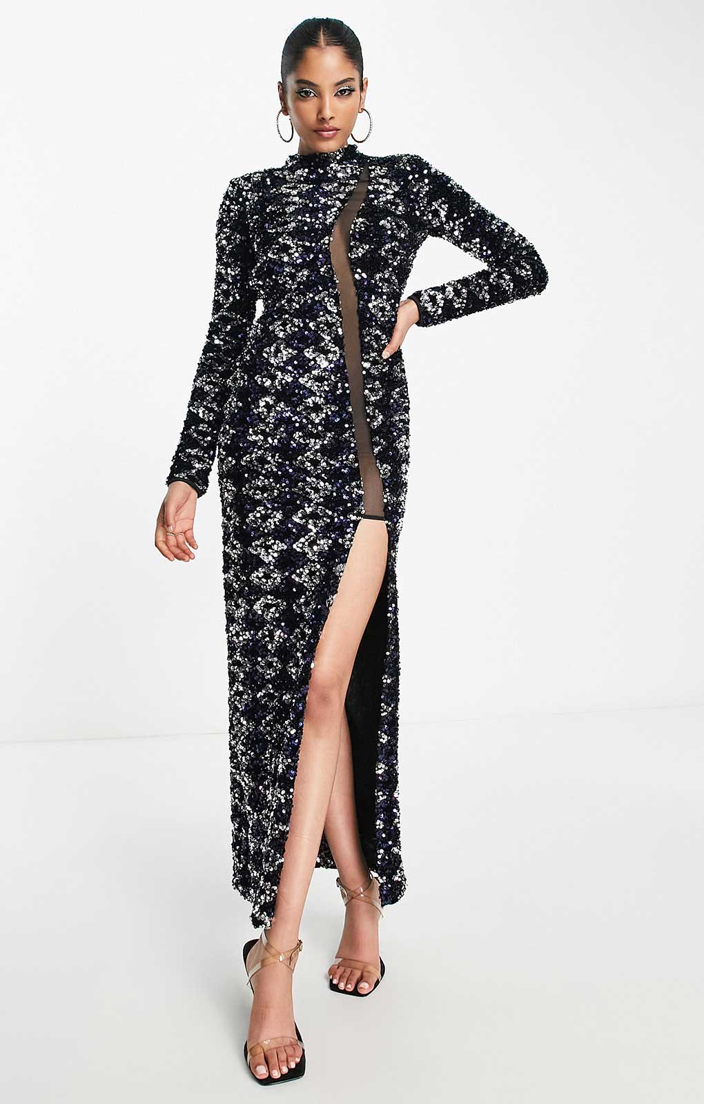 Asos Design High Neck Backless Sequin Maxi Dress In Midnight Blue
