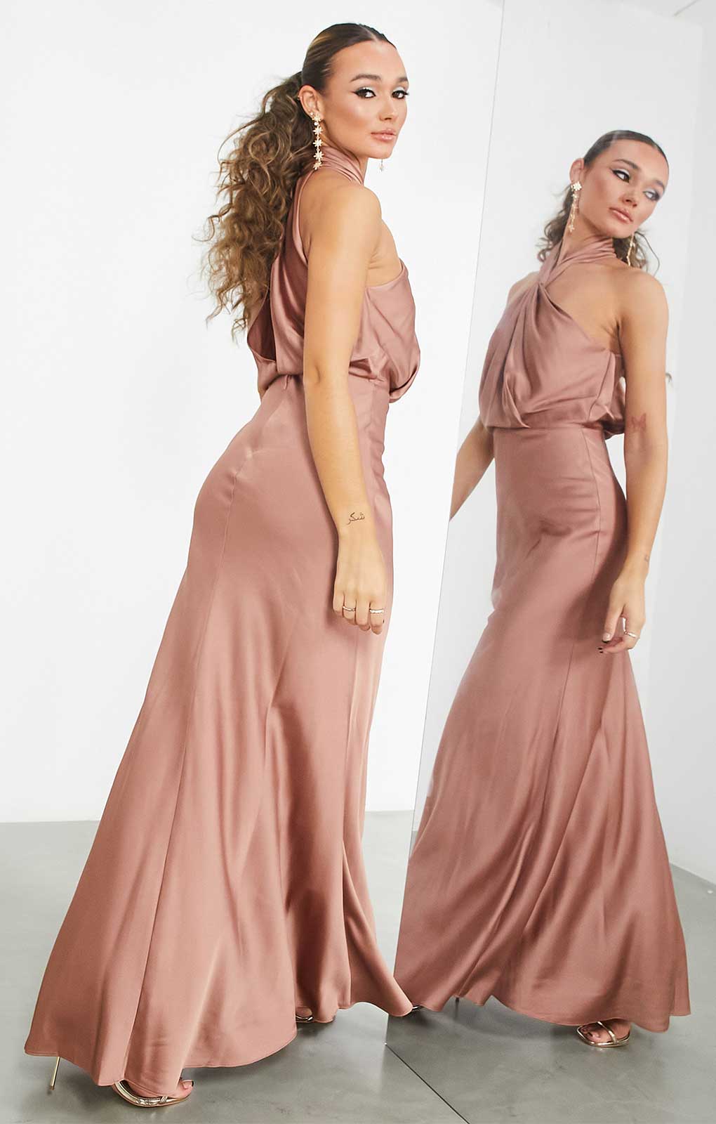 Asos Edition Satin Ruched Halter Neck Maxi Dress In Cinnamon Rose