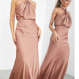 Asos Edition Satin Ruched Halter Neck Maxi Dress In Cinnamon Rose