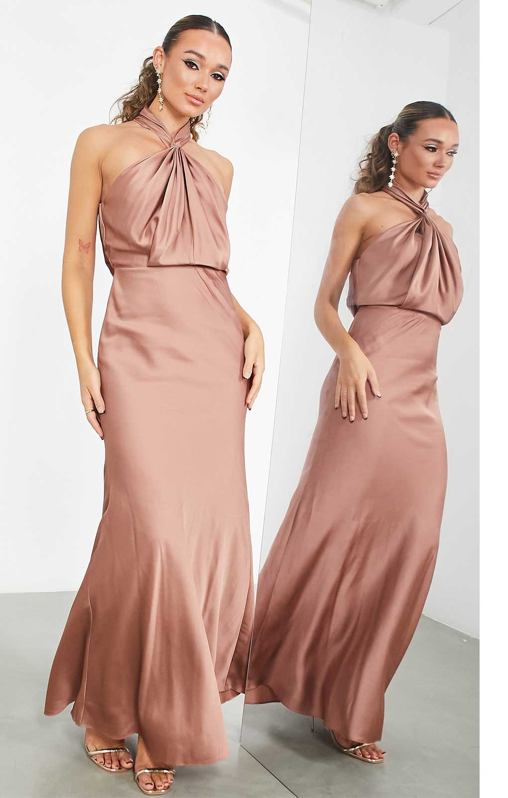Asos Edition Satin Ruched Halter Neck Maxi Dress In Cinnamon Rose