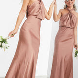 Asos Edition Satin Ruched Halter Neck Maxi Dress In Cinnamon Rose