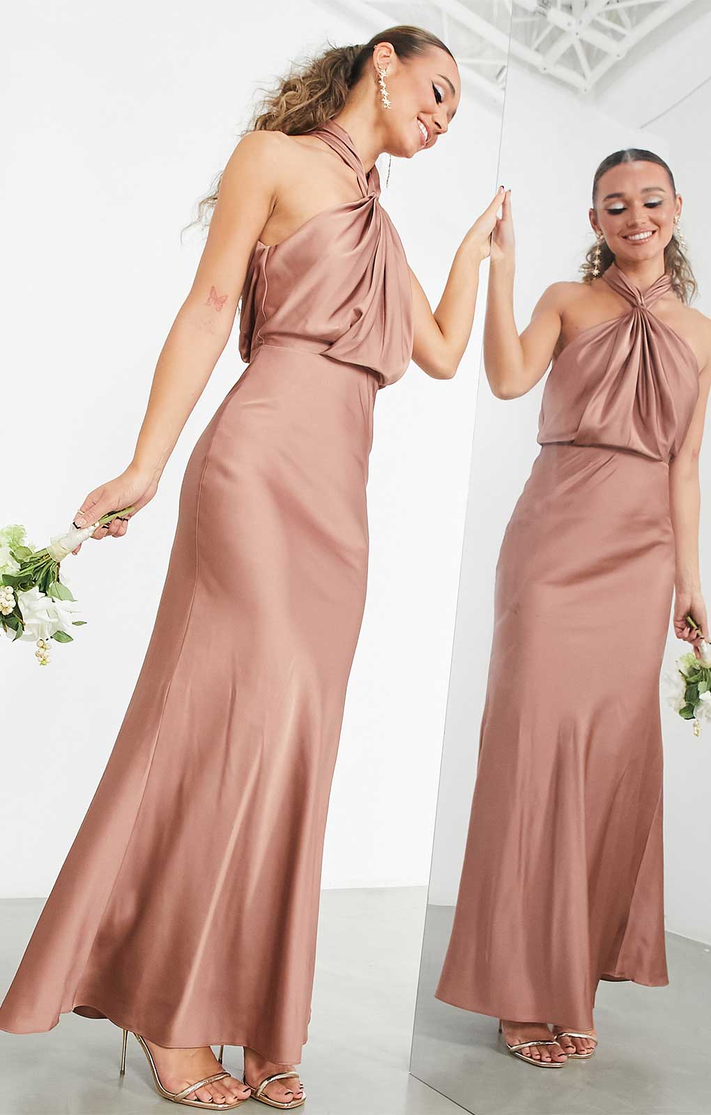 Asos Edition Satin Ruched Halter Neck Maxi Dress In Cinnamon Rose