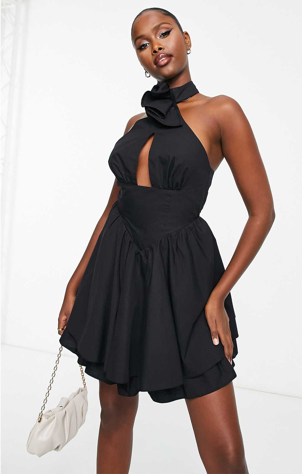 Asos Luxe Corsage Halter Neck Mini Dress In Black