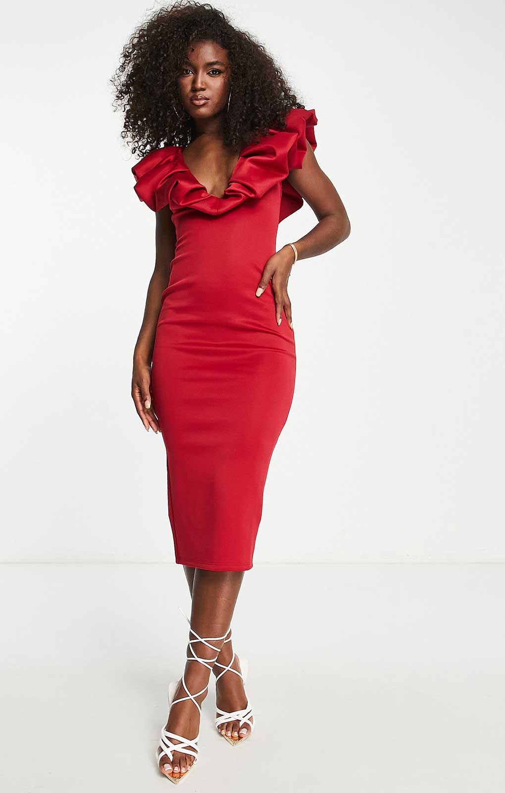 Asos Design Deep Plunge Scrunch Neck Midi Dress In Red