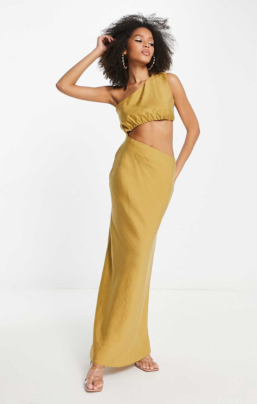 Asos Design One Shoulder Maxi Dress In Washed Fabric With Cut Out Waist In Stone