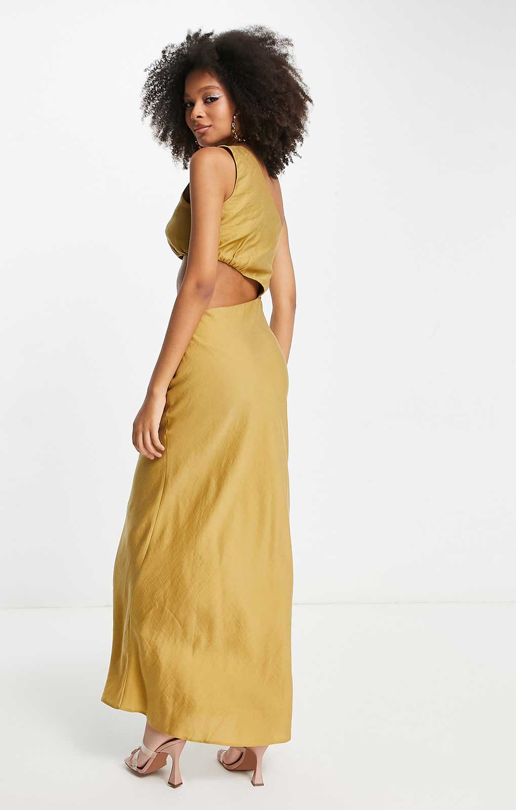 Asos Design One Shoulder Maxi Dress In Washed Fabric With Cut Out Waist In Stone