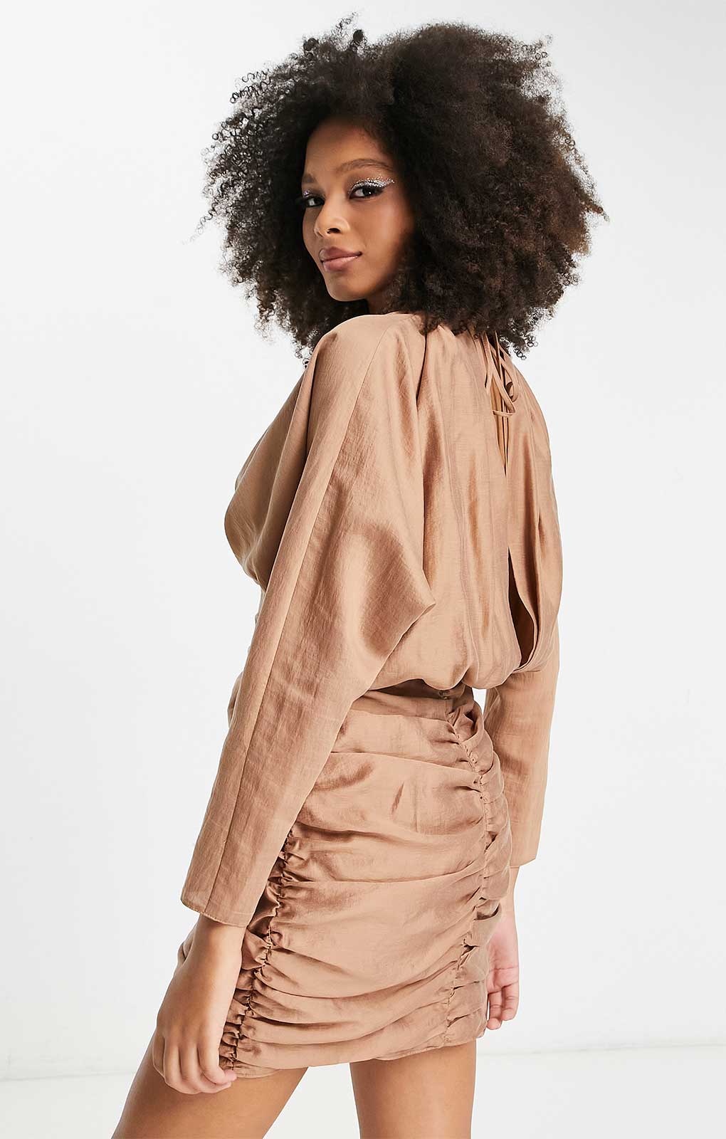 Asos Design Washed Twist Front Long Sleeve Mini Dress With Ruching In Camel