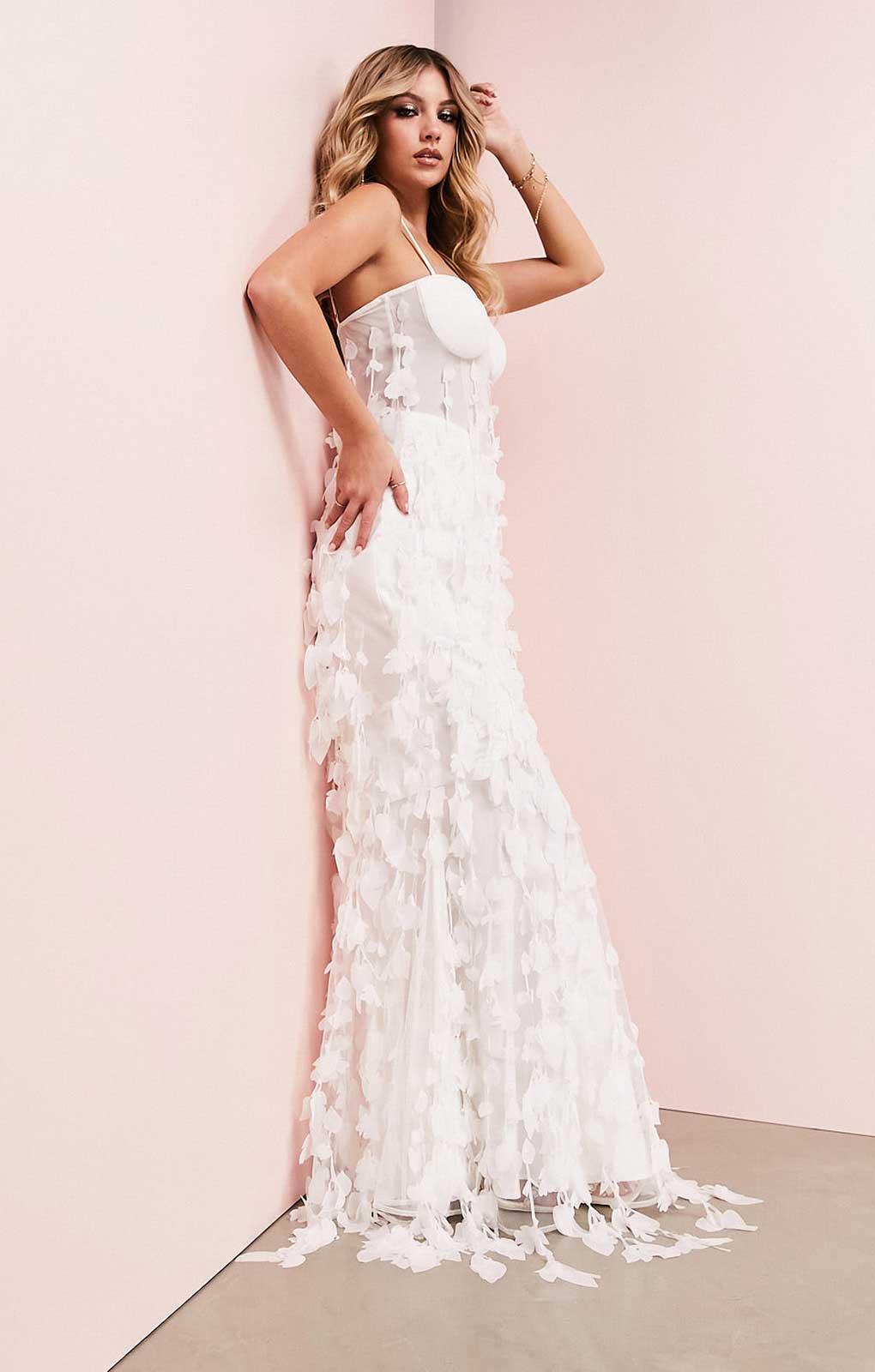 Asos Luxe 3D Fringe Cupped Fishtail Maxi Dress In White