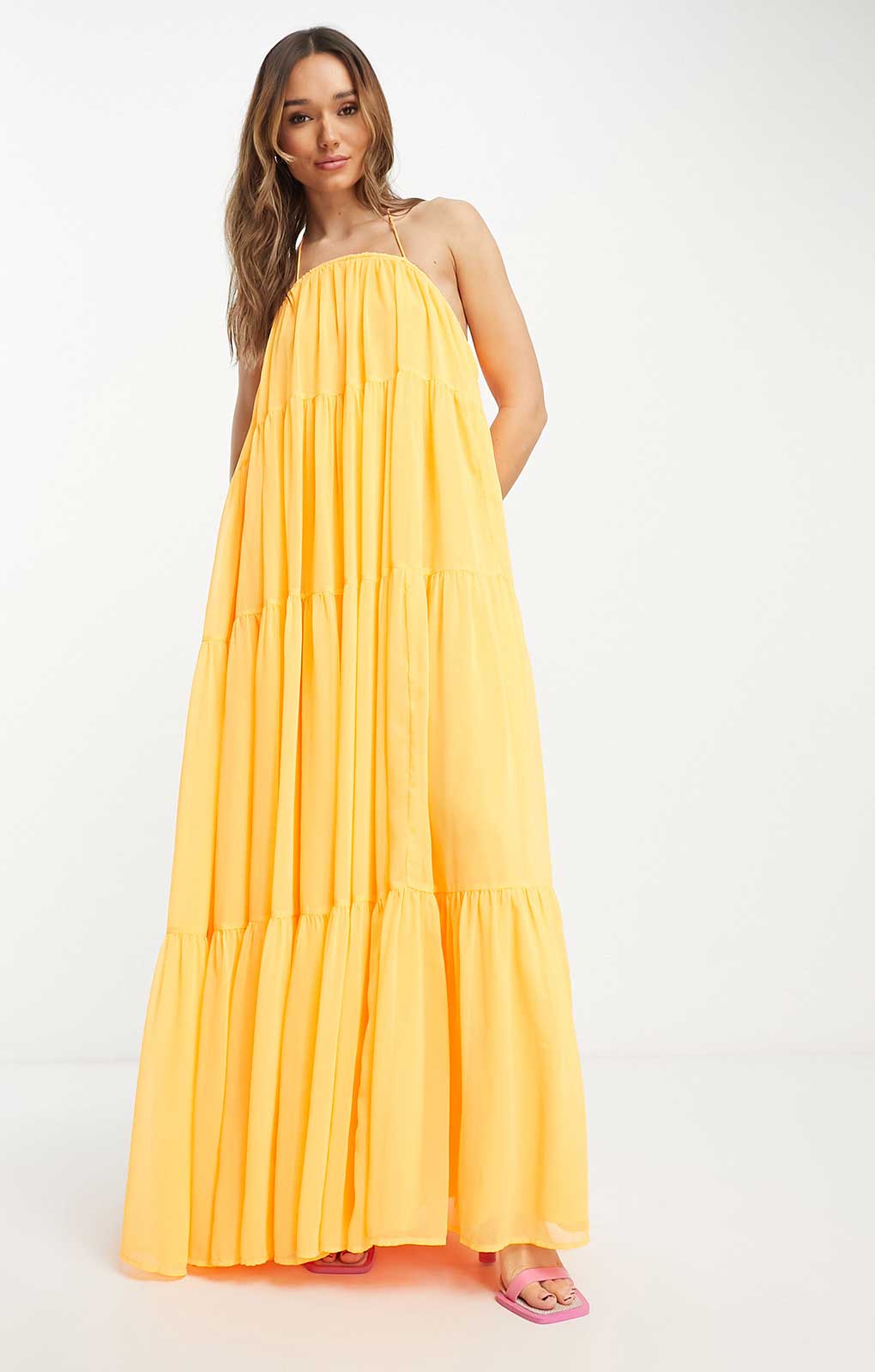 Asos Design Channel Detail Halter Neck Trapeze Tiered Maxi Dress In Bright Orange