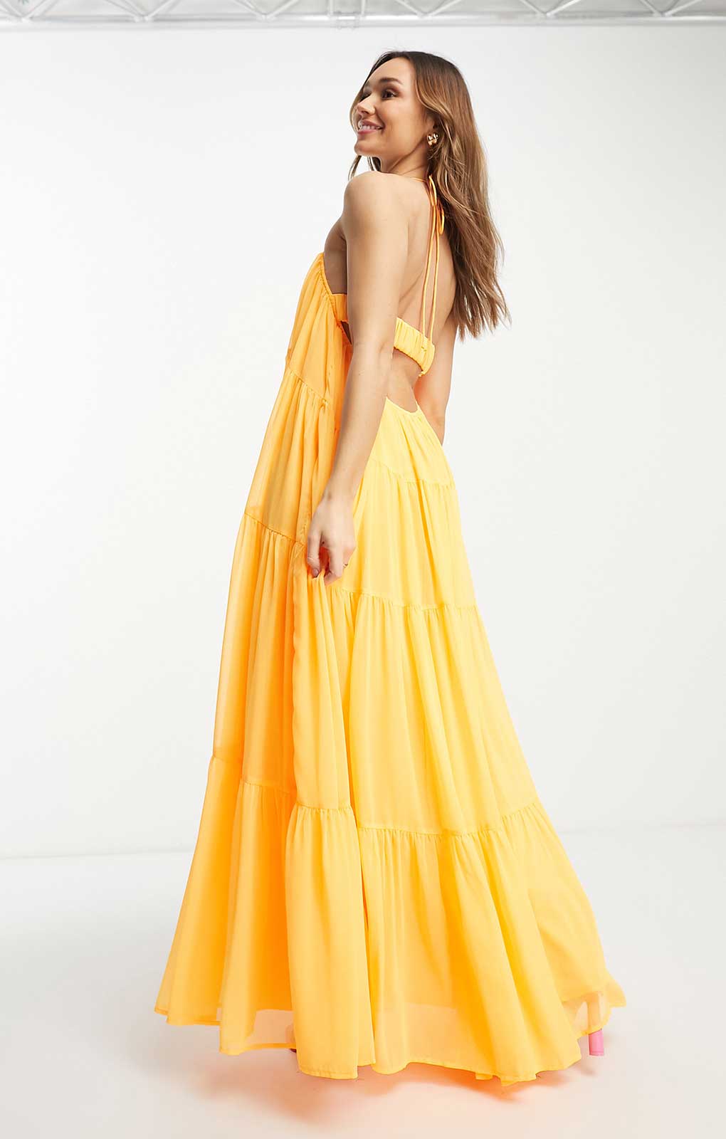 Asos Design Channel Detail Halter Neck Trapeze Tiered Maxi Dress In Bright Orange