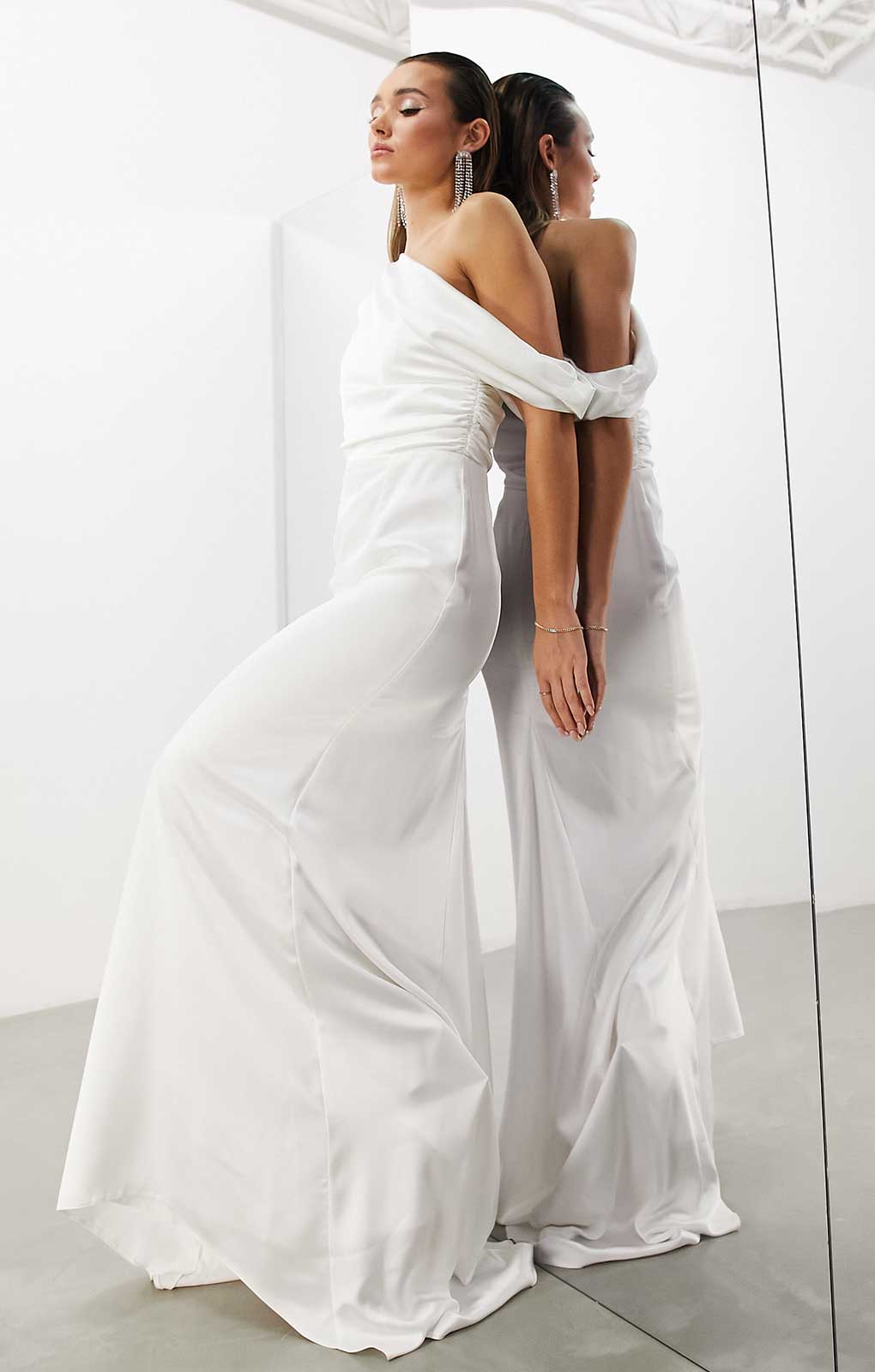 Asos Edition Larisa Satin Draped Shoulder Bodice Dress With Fishtail In Ivory