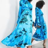 Asos Edition Satin Drawstring Midi Dress In Blue Floral Print