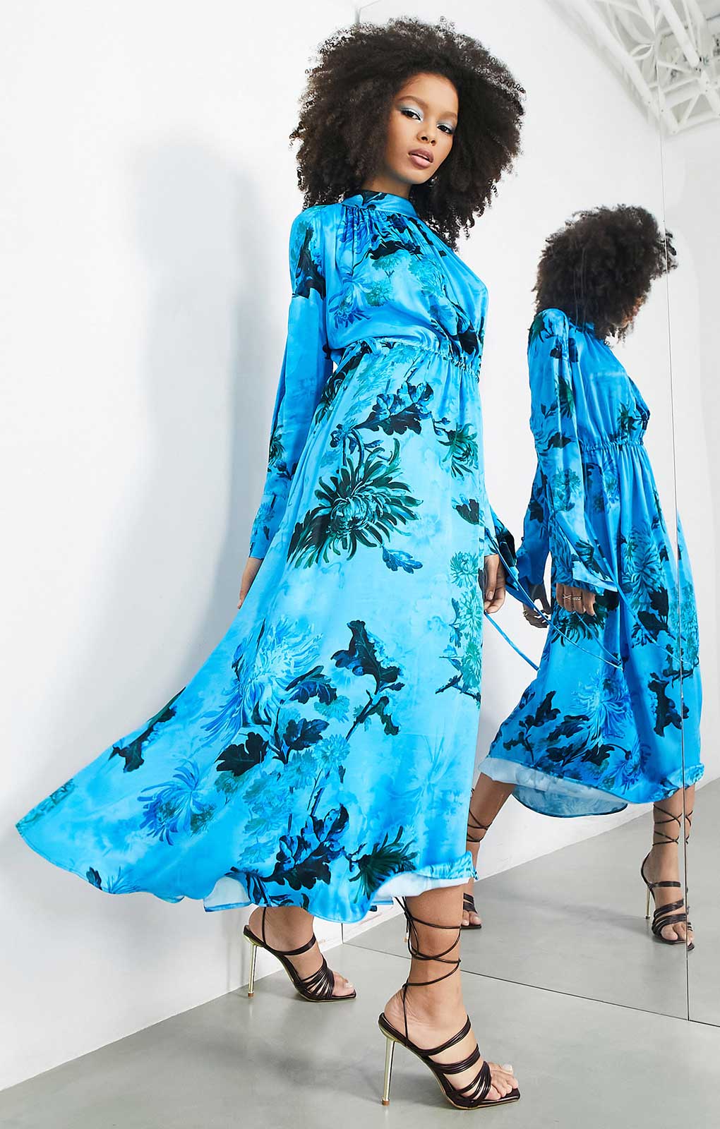 Asos Edition Satin Drawstring Midi Dress In Blue Floral Print