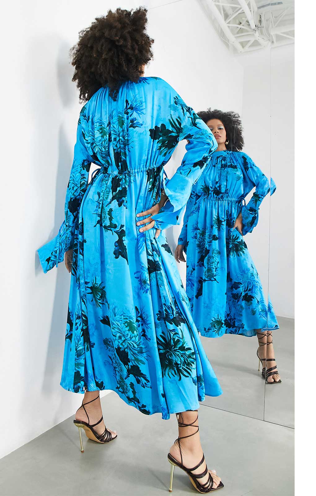 Asos Edition Satin Drawstring Midi Dress In Blue Floral Print
