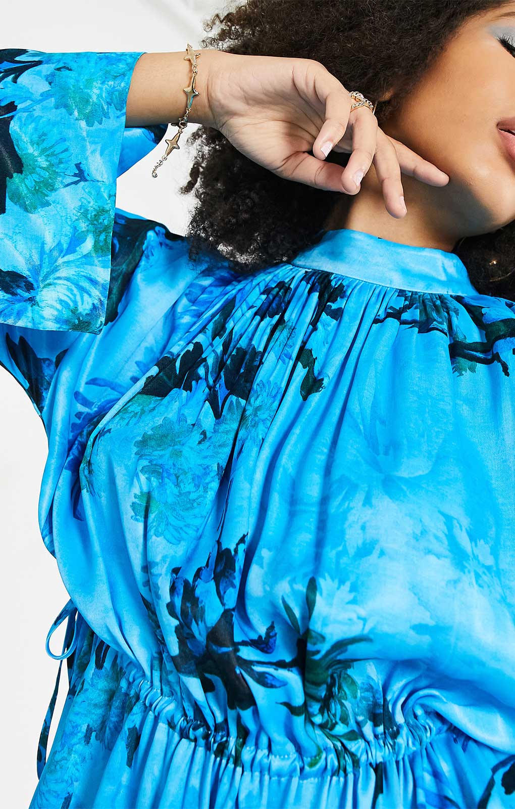 Asos Edition Satin Drawstring Midi Dress In Blue Floral Print