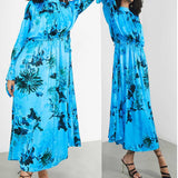 Asos Edition Satin Drawstring Midi Dress In Blue Floral Print