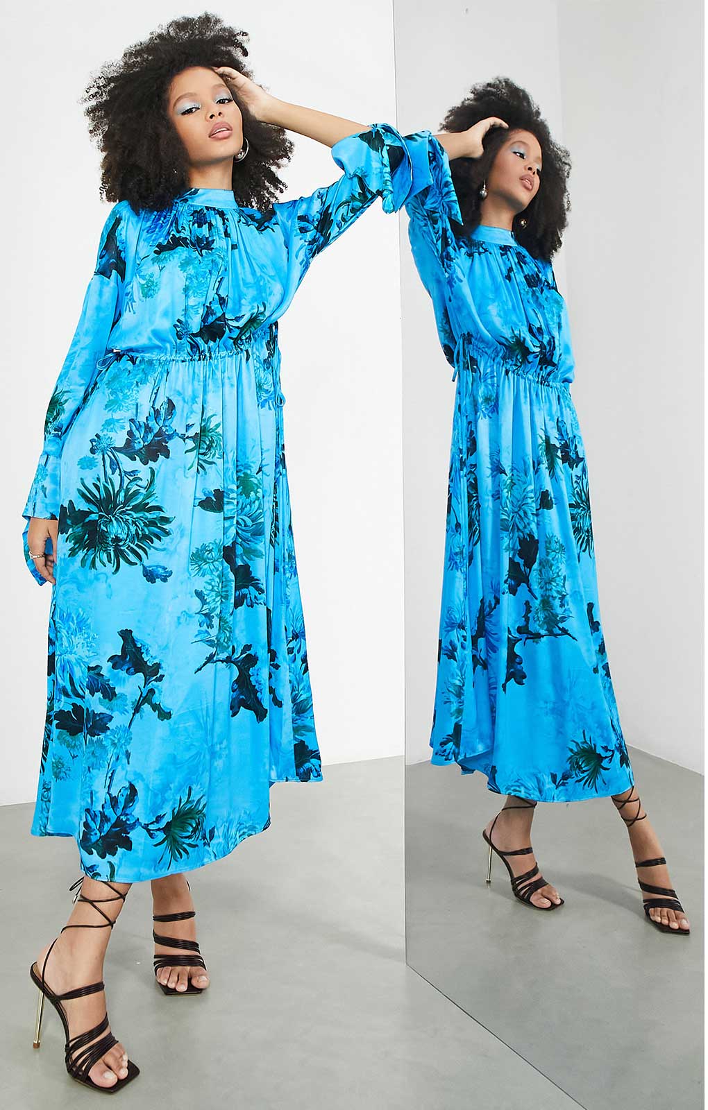 Asos Edition Satin Drawstring Midi Dress In Blue Floral Print