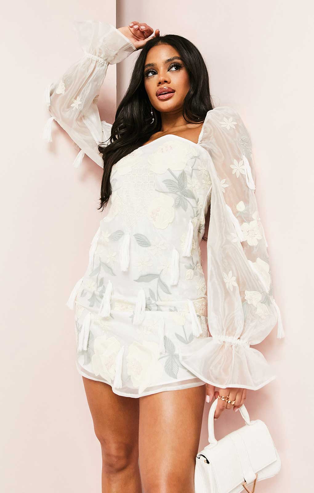 Asos Luxe Applique Embroidered Puff Sleeve Tassle Detail Mini Dress In White product image