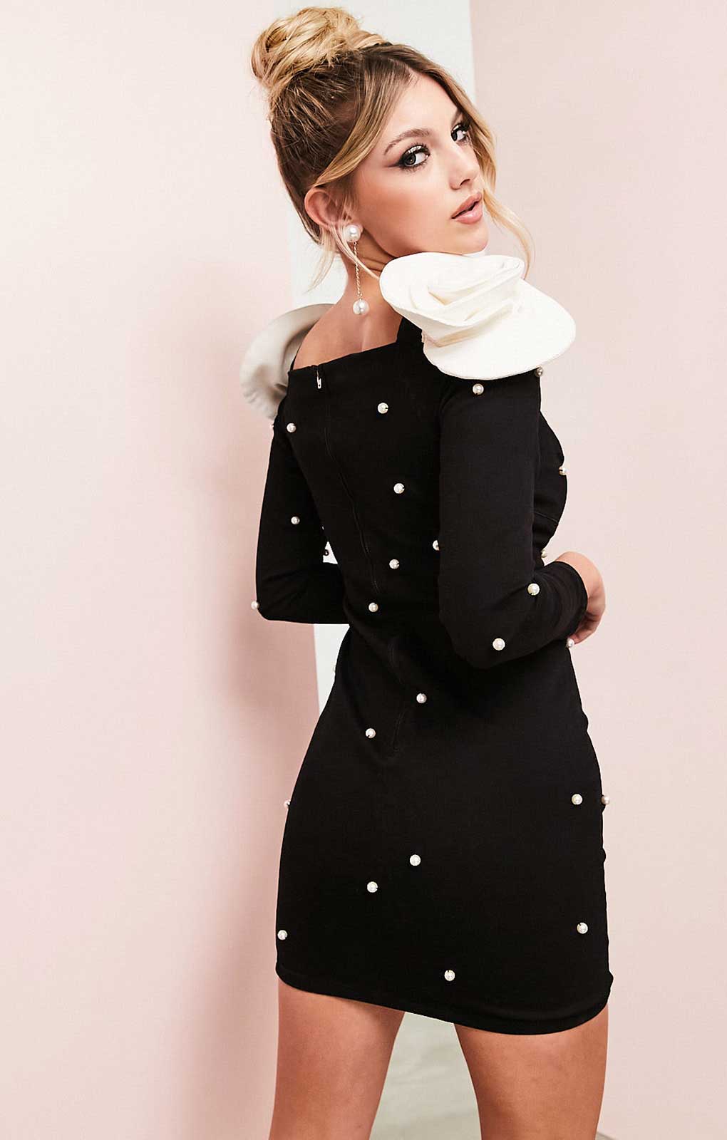 Asos Luxe Denim Pearl Corsage Mini Dress In Black