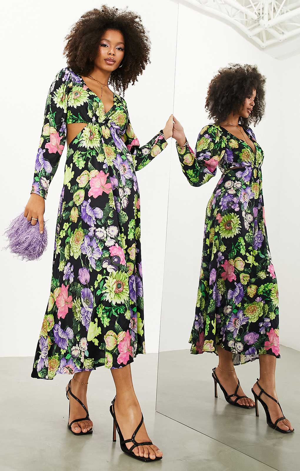 Asos Edition Satin Midi Dress With Cut Out Back In Bright Floral Print