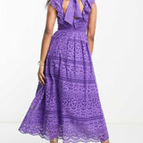 Asos Design Lace Midi Dress With Bow Back Detail In Purple