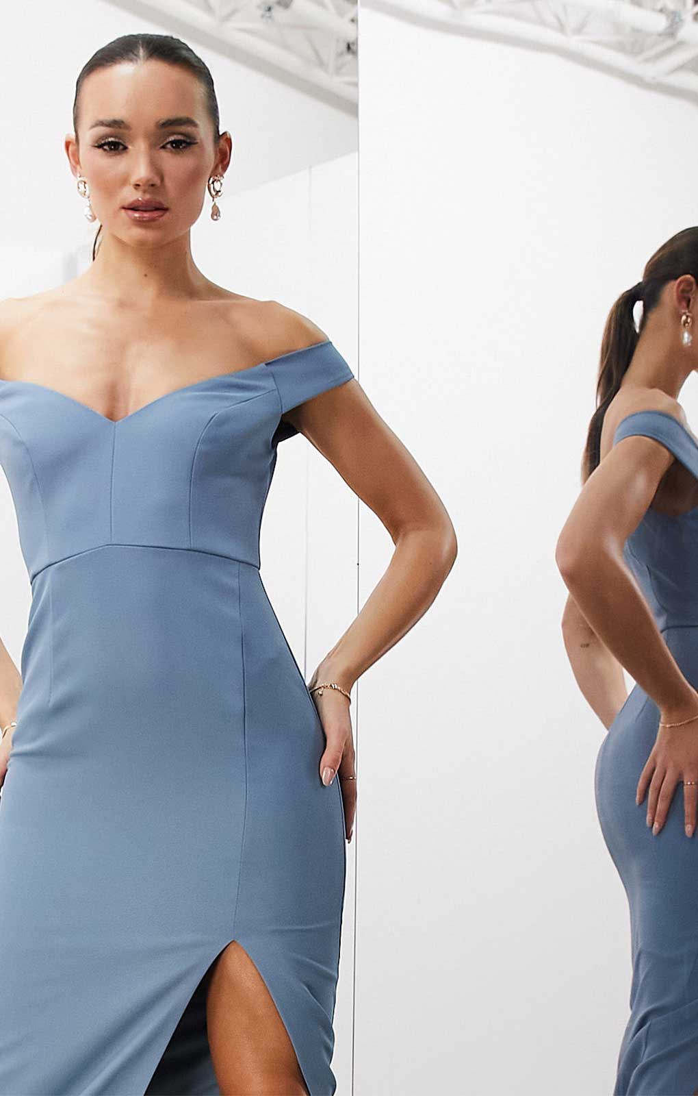 Asos Edition Crepe Bardot Column Maxi Dress With Split In Dusky Blue