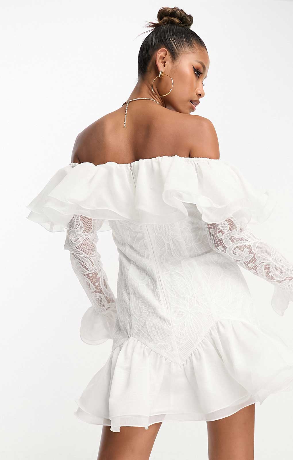 Asos Luxe Off Shoulder Ruffle Embroidered Mini Dress In White