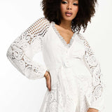 Asos Design Lace Insert Belted Mini Dress With Button Detail In White
