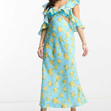 Asos Design Petite Satin Midaxi Dress With Multi Flutter Sleeves In Blue Floral Print