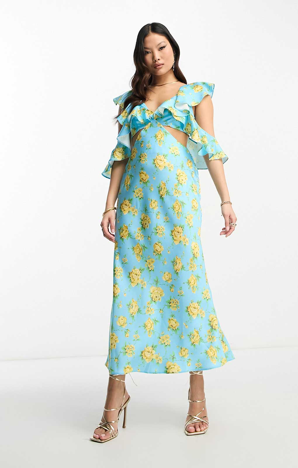 Asos Design Petite Satin Midaxi Dress With Multi Flutter Sleeves In Blue Floral Print