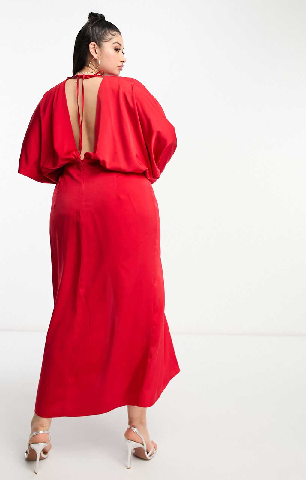 Asos Design Curve Exclusive Satin Batwing Midaxi Dress With Split Skirt In Red