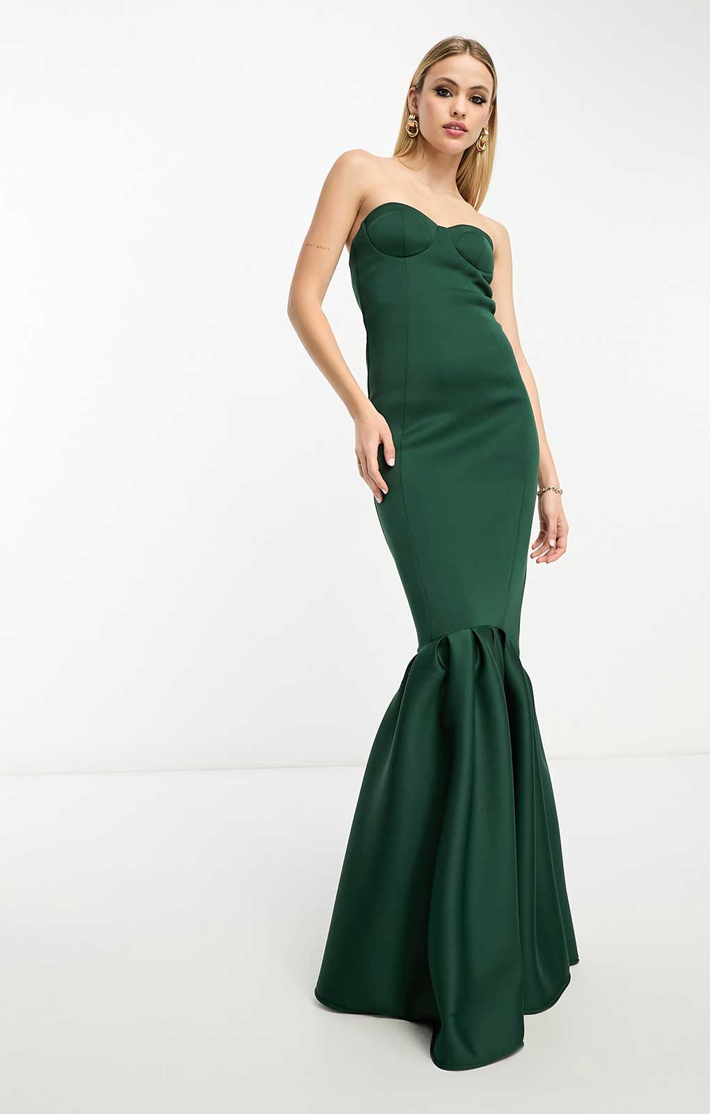 Asos Design Tall Bandeau Peplum Hem Maxi Dress In Dark Green