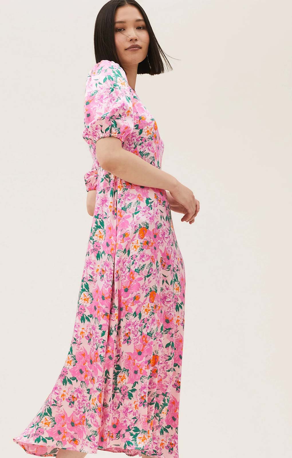 Pink Floral Satin Maxi Dress