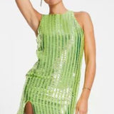 River Island Square Neck Embellished Mini Dress in Lime