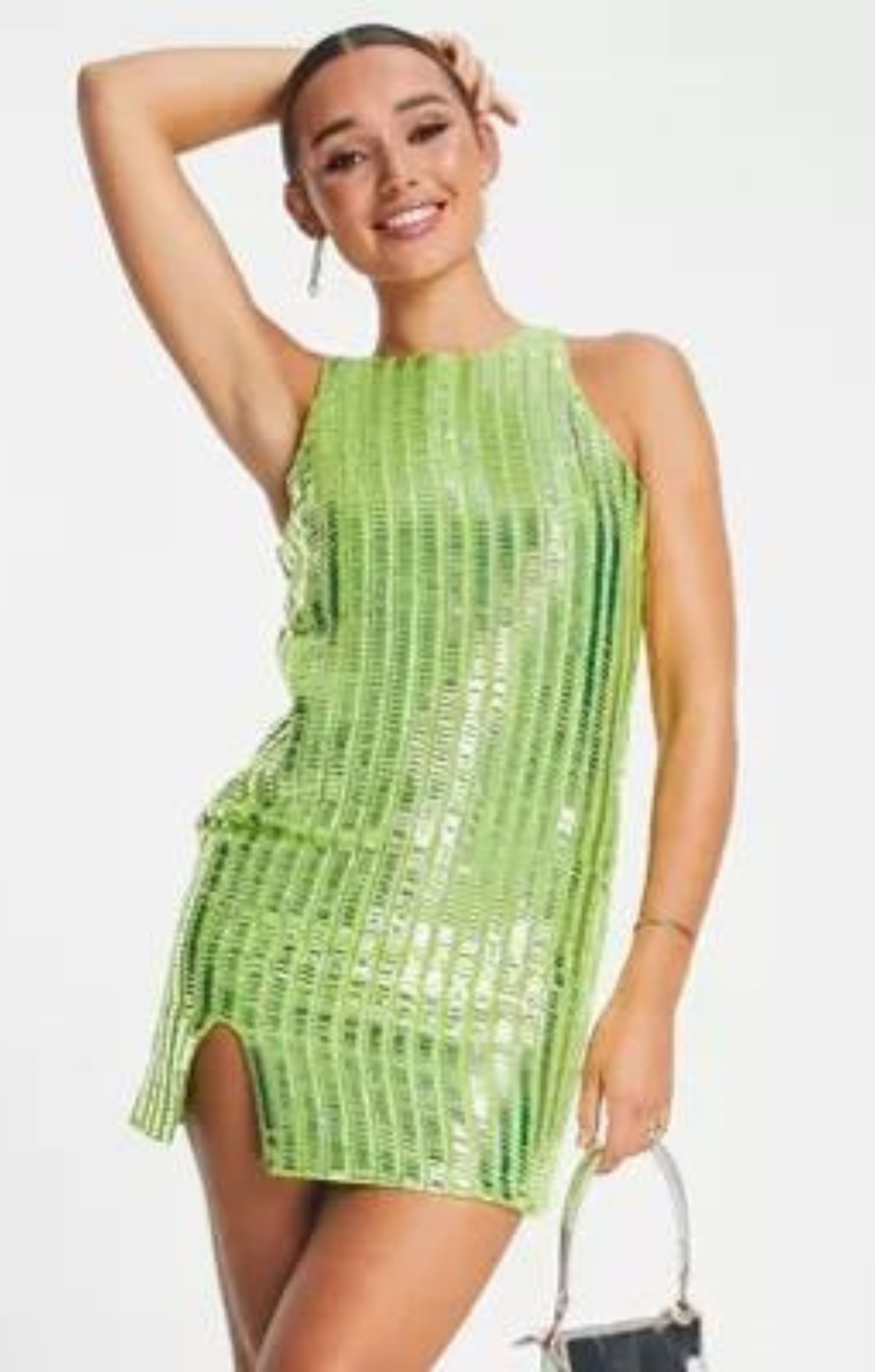 River Island Square Neck Embellished Mini Dress in Lime