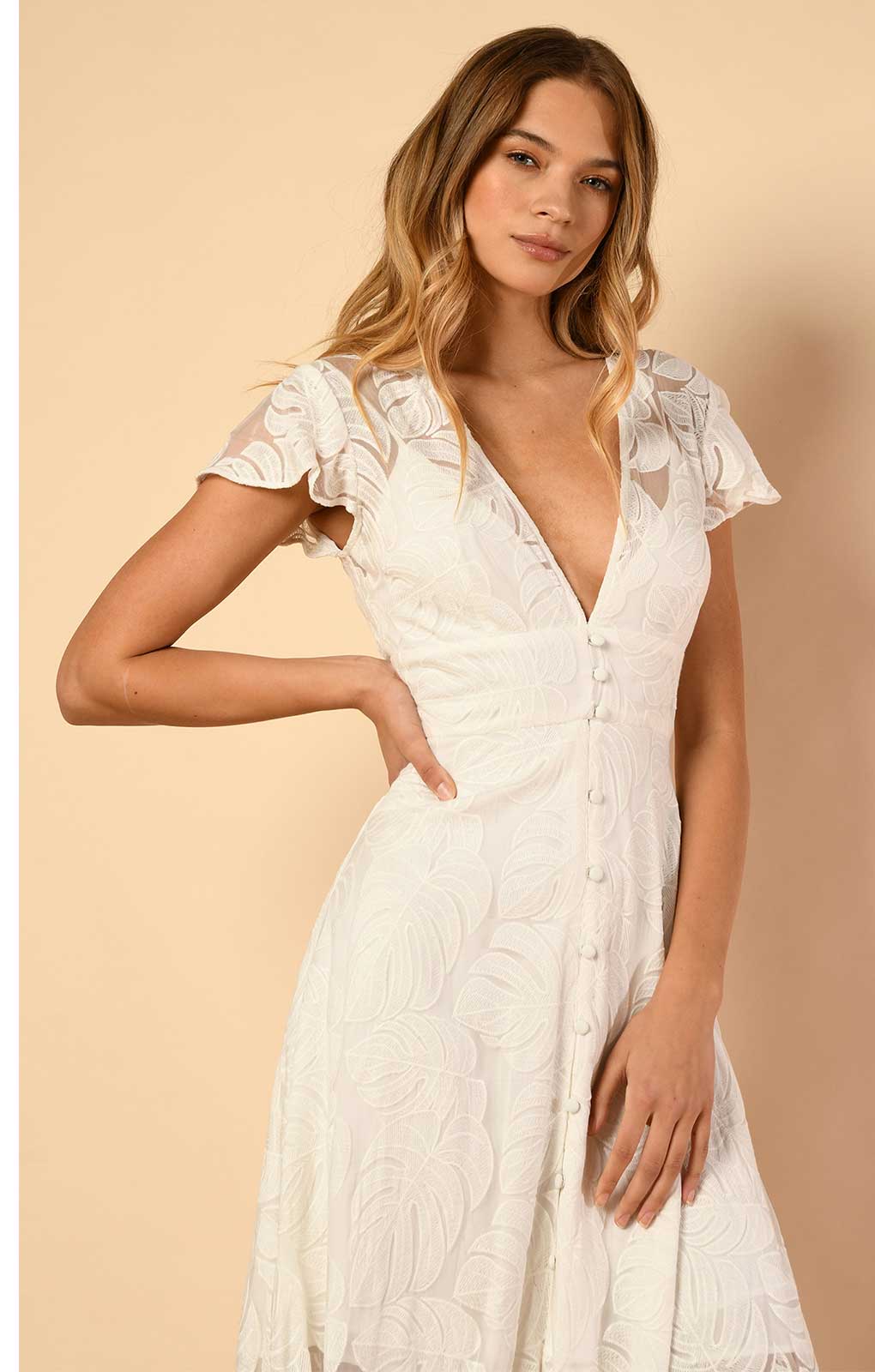 Hutch Nia Dress in White Monsteras Leaf
