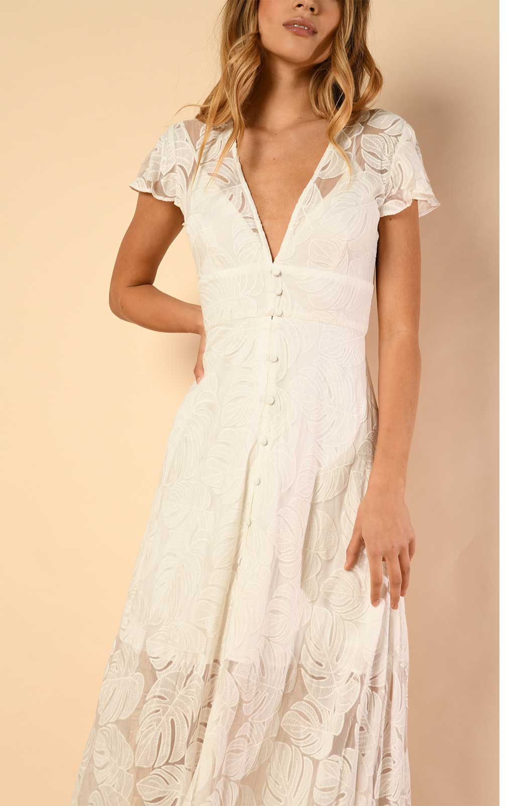 Hutch Nia Dress in White Monsteras Leaf