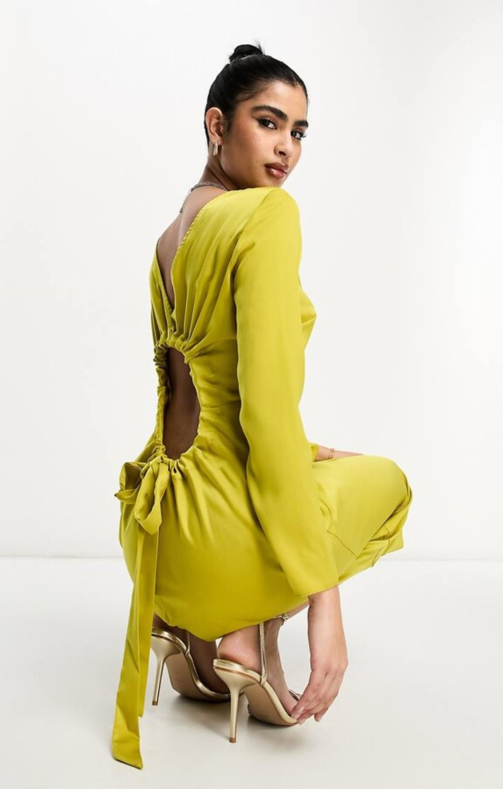 Rent ASOS DESIGN Satin Long Sleeve Maxi Dress With Drawstring Back In Olive | Hirestreet Rent ASOS DESIGN Satin Long Sleeve Maxi Dress With Drawstring Back In Olive | Hirestreet