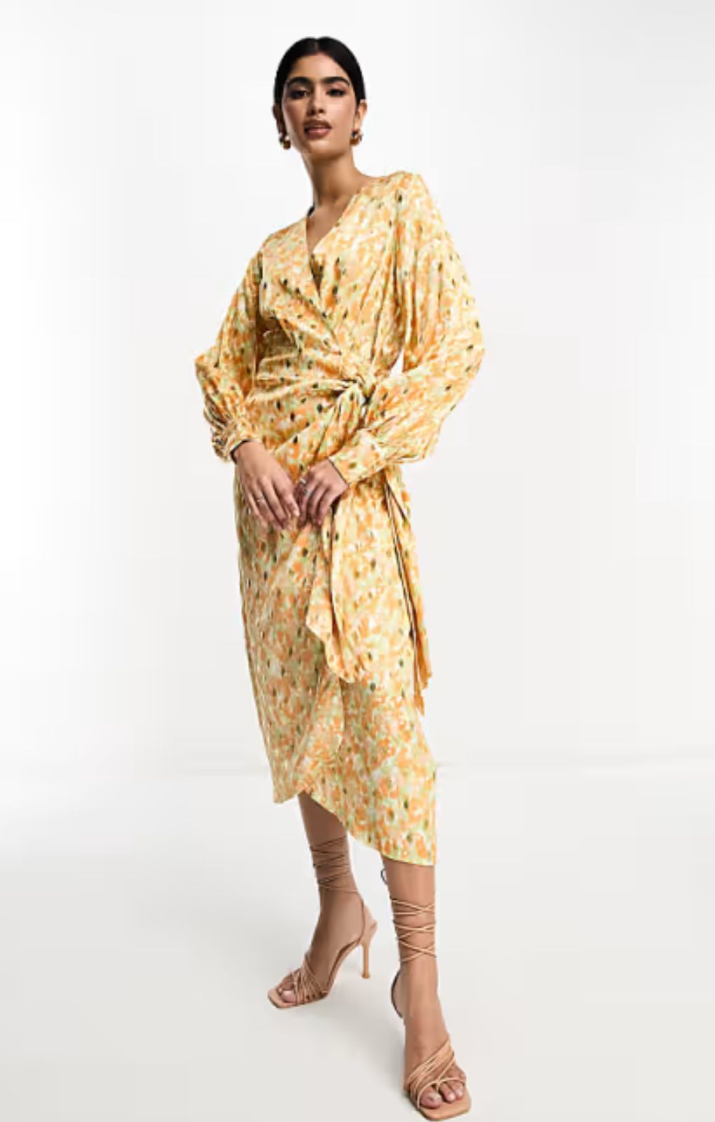 Never Fully Dressed Satin Wrap Midi Dress In Pastel Gold Mix