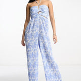 Bardot Hattia Cut Out Jumpsuit In Blue Floral – jumpsuits & playsuits by Bardot, available to rent from Hirestreet