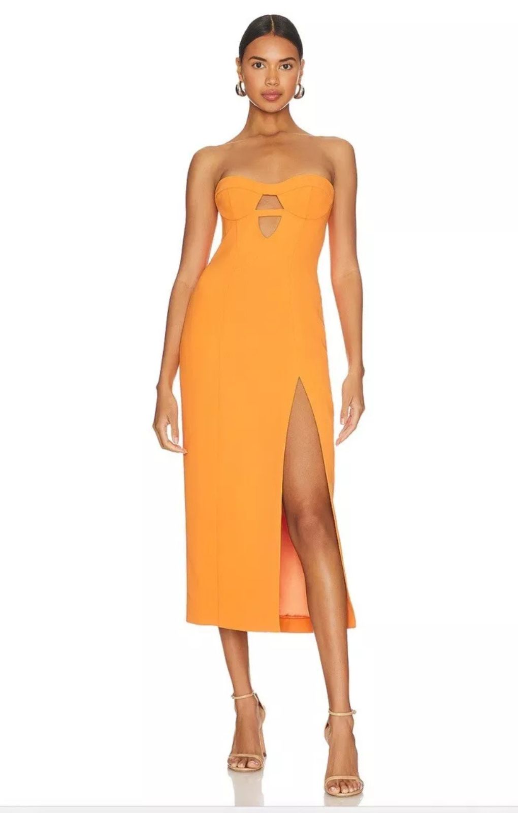 Bardot Brisa Bandeau Midi Dress With Split In Orange – dresses by Bardot, available to rent from Hirestreet