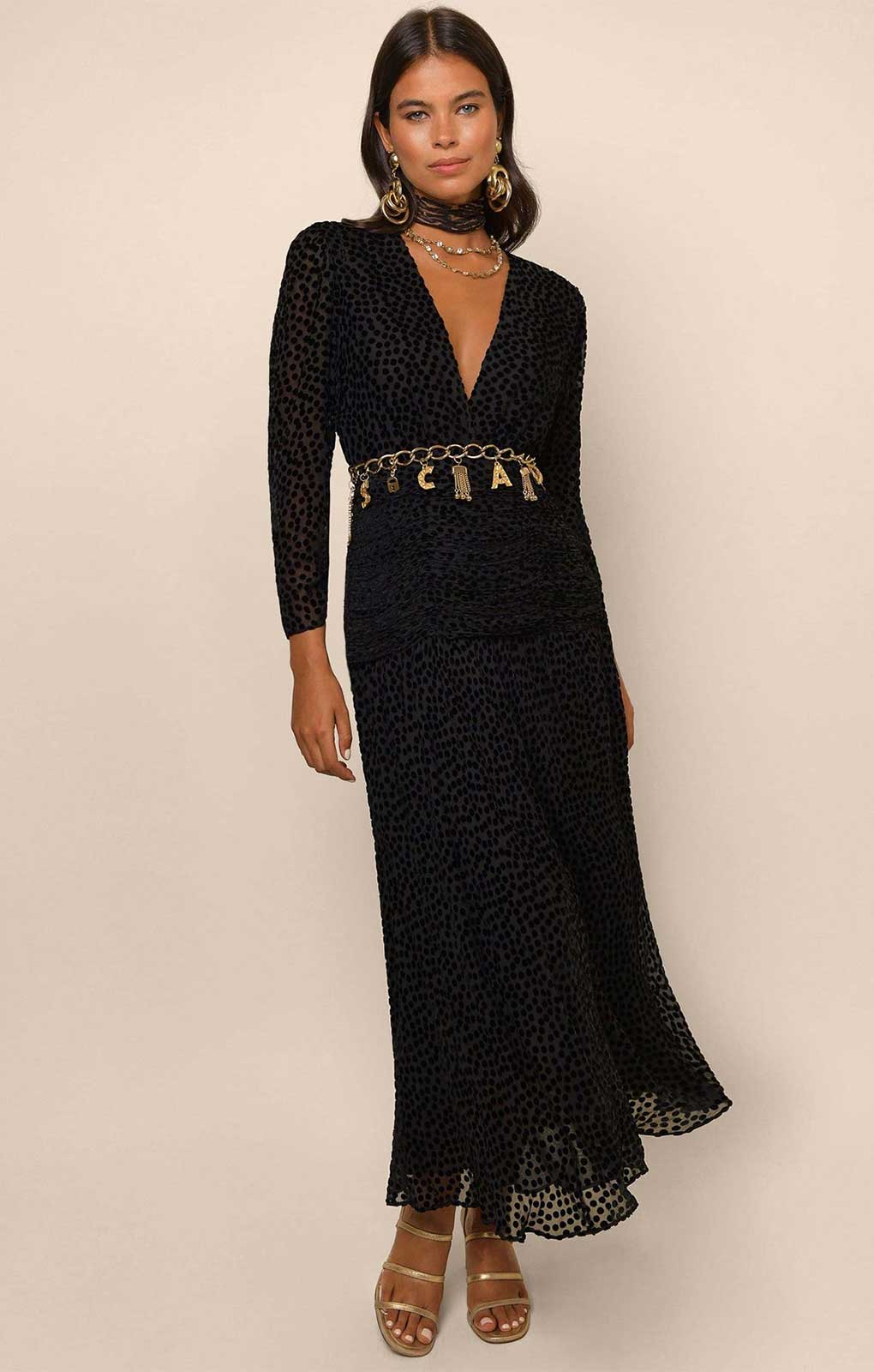 Rixo Black Dot Racquel Midi Dress in Velvet