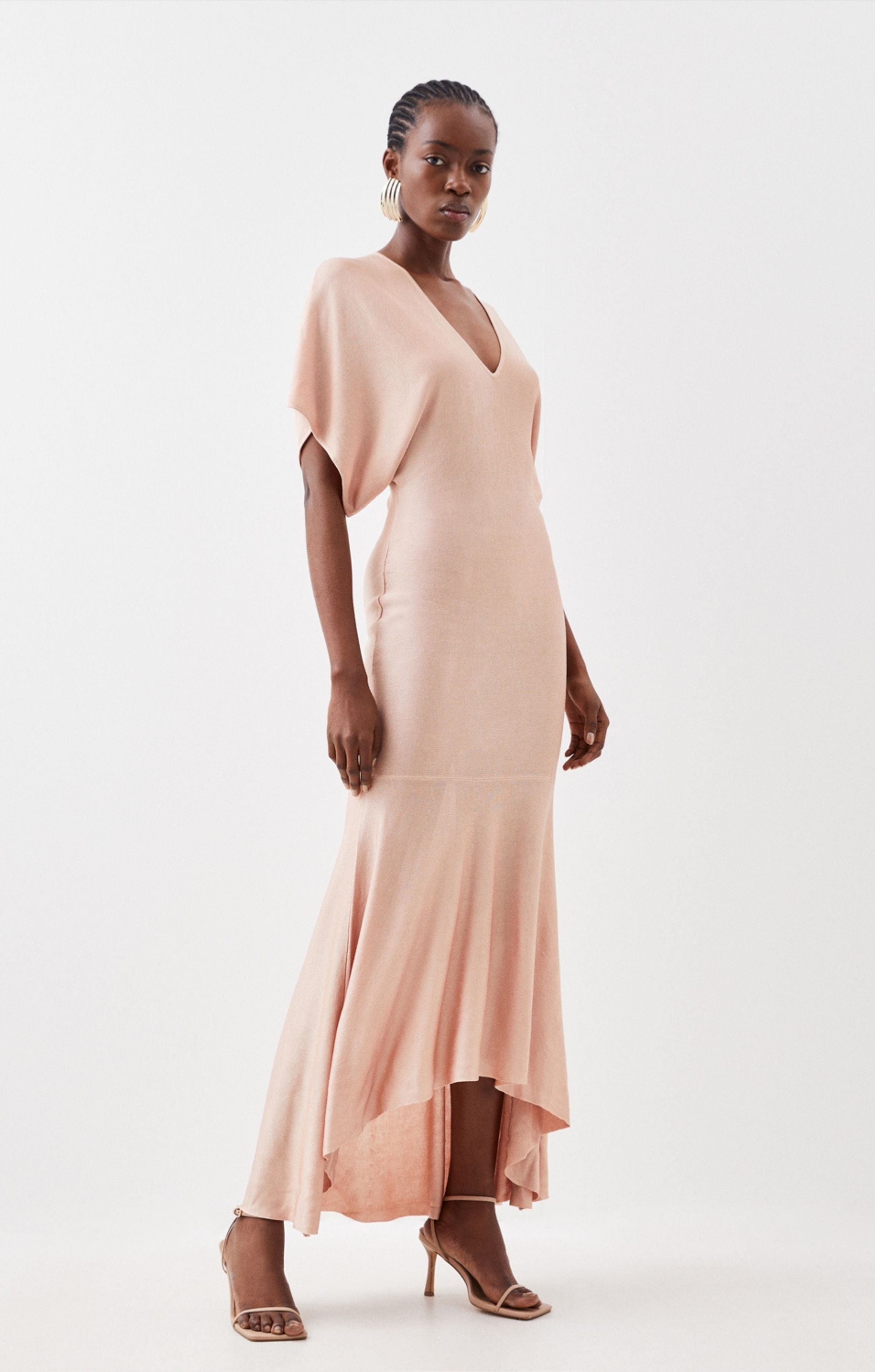 Karen Millen Slinky Knit Kimono Sleeve V Neck High Low Midaxi Dress