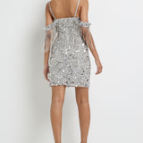 River Island Silver Tassel Bardot Sequin Mini Dress