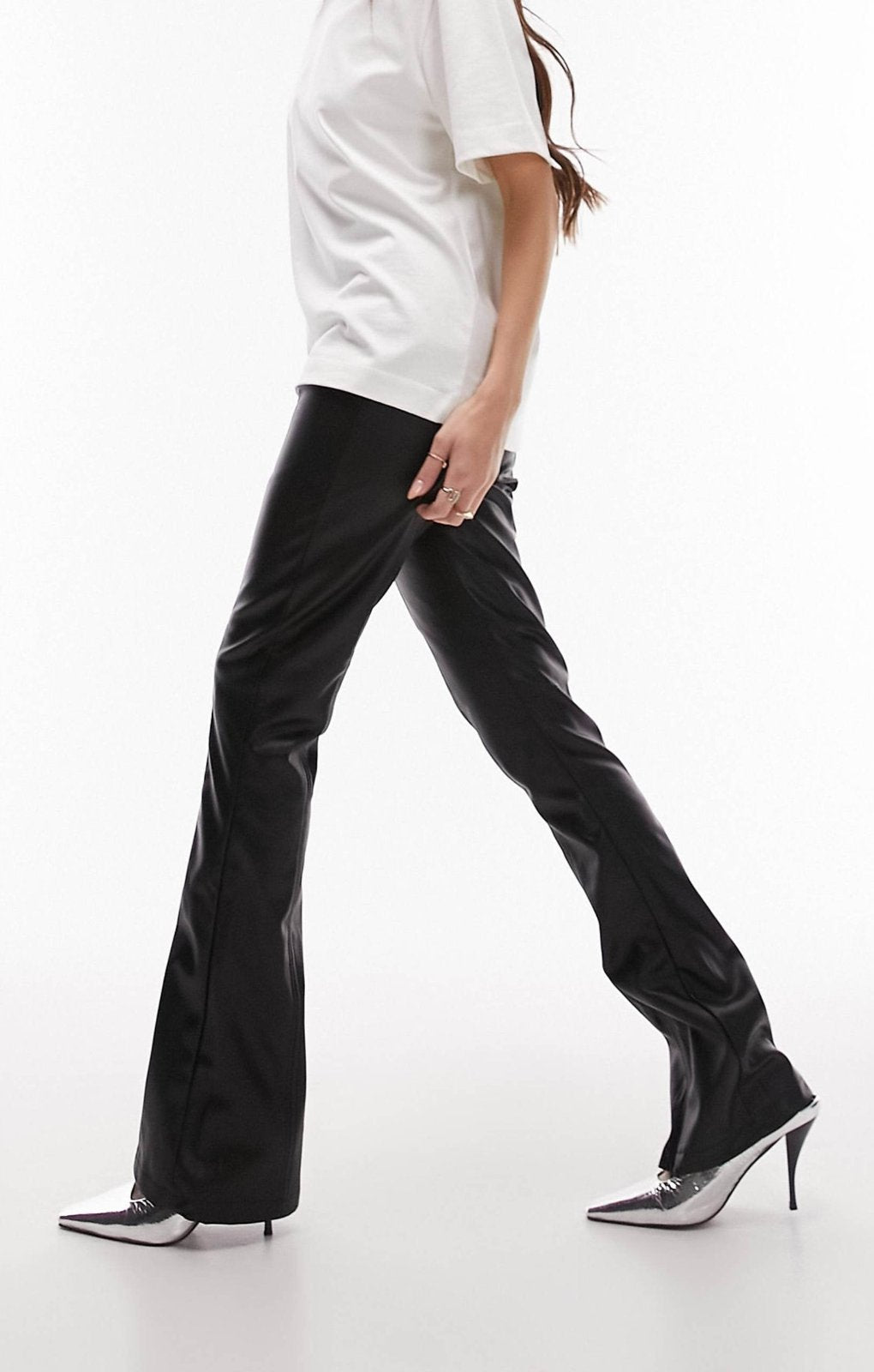 Topshop Faux Leather Zip Front Split Flare In Black