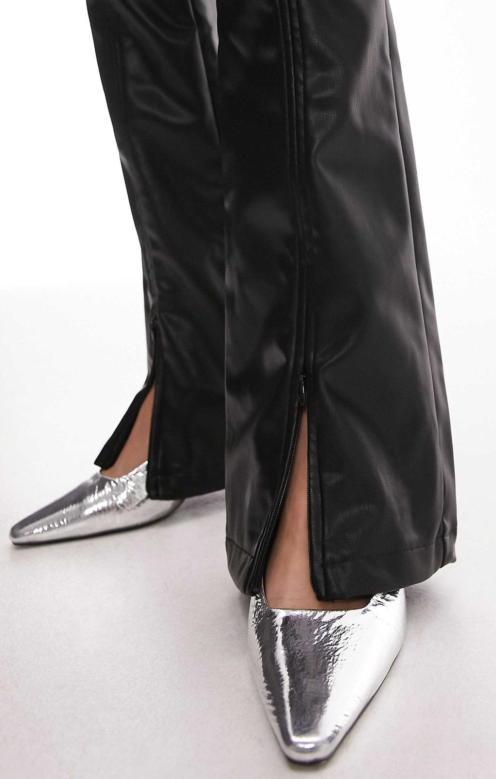 Topshop Faux Leather Zip Front Split Flare In Black