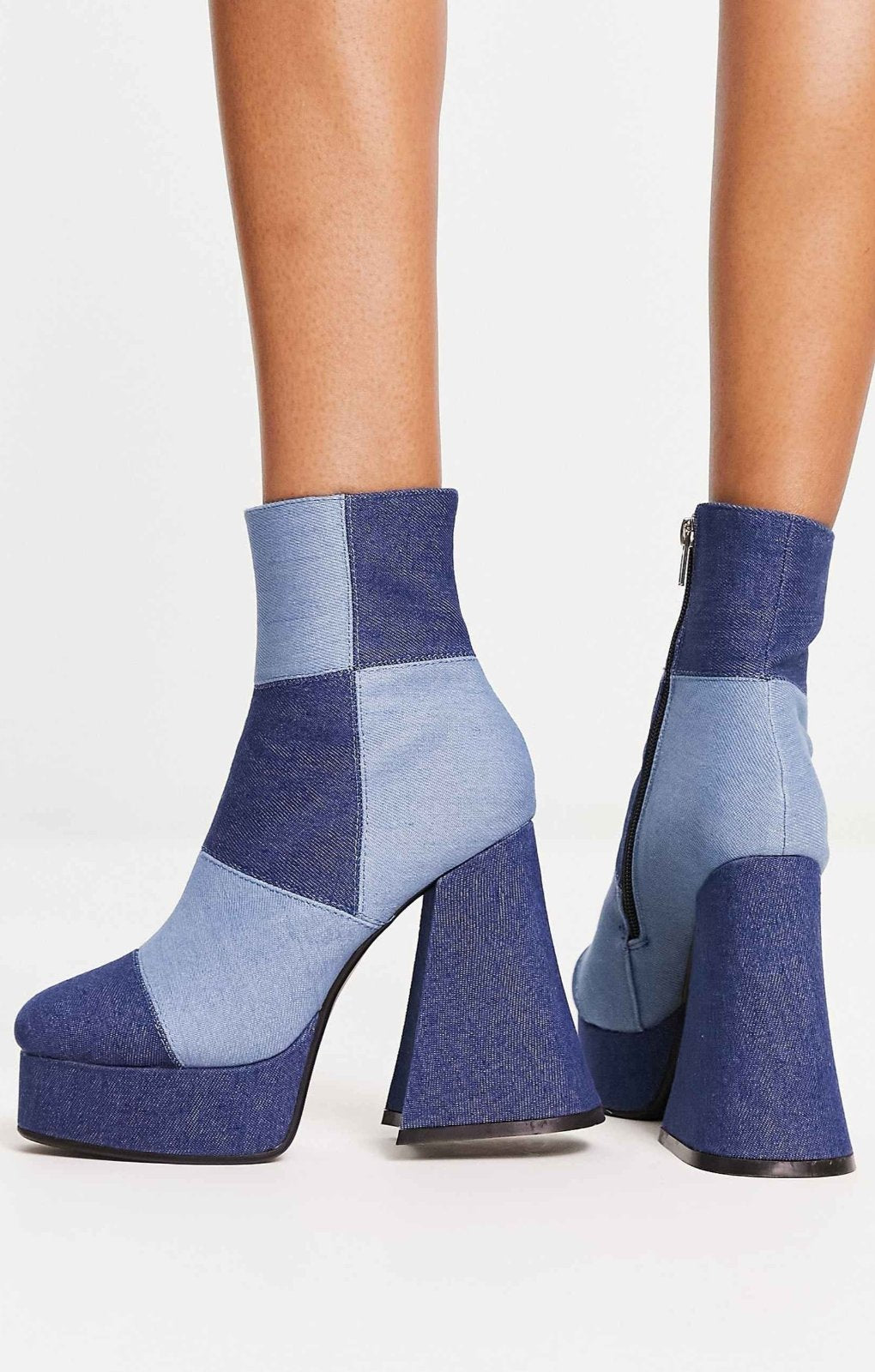 Lamoda 90S Denim Patchwork Heeled Boots In Blue